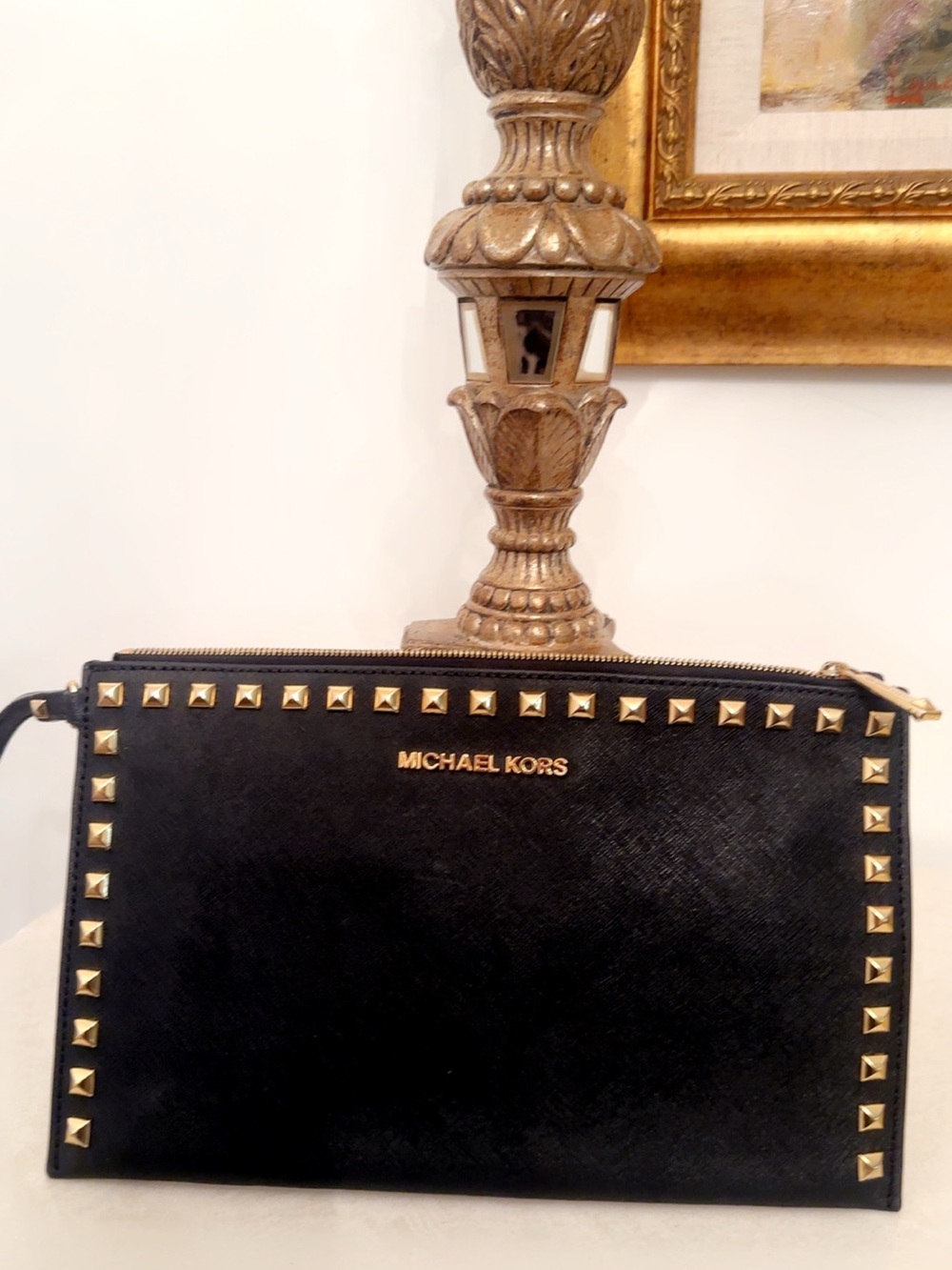 Michael Kors Black Leather Studded Wristlet with Gold Accents